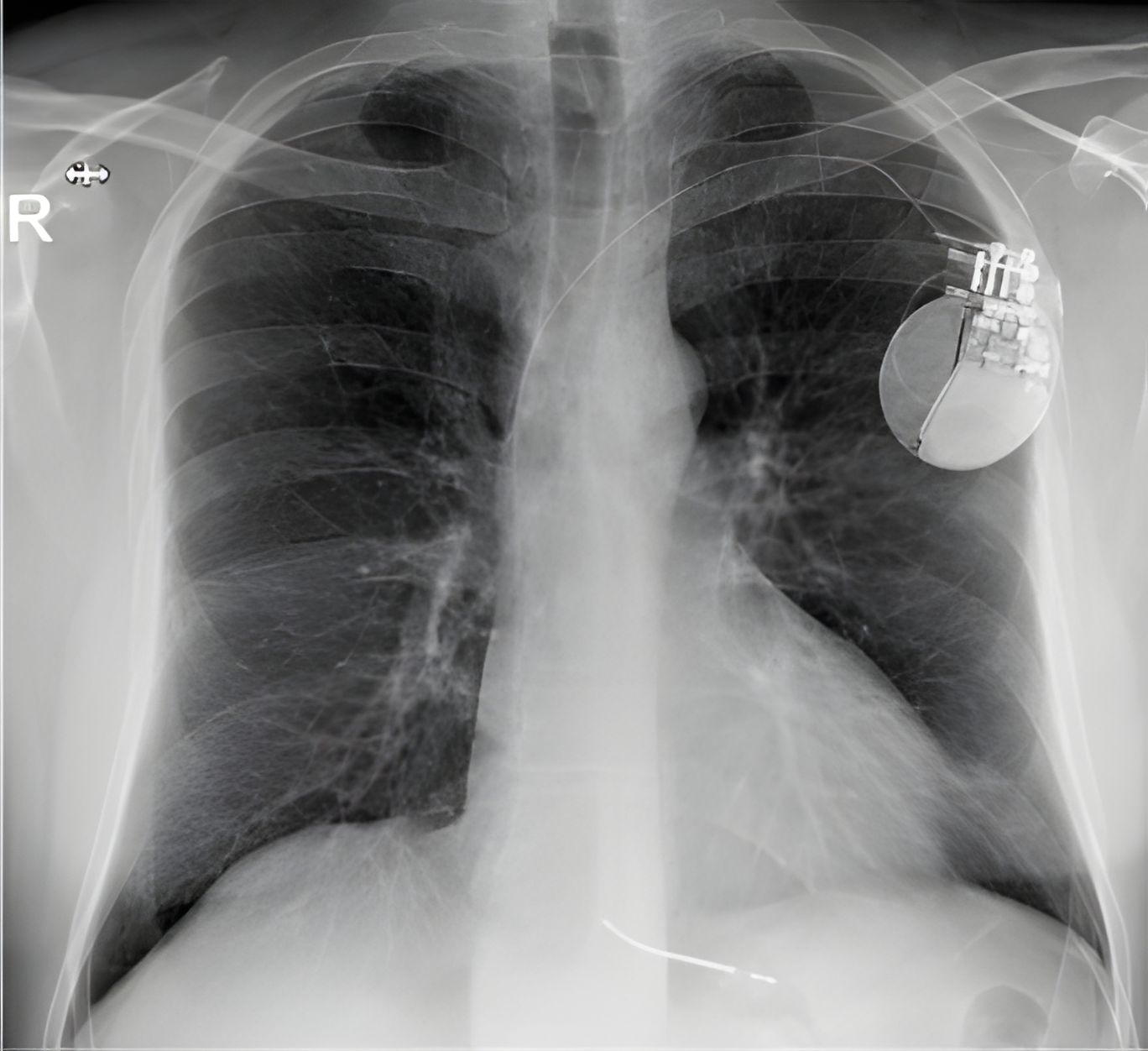 VVI-ICD. Er is maar 1 lead tot in het rechter ventrikel. Het verdikte, dense deel van de lead is de coil waarlangs een shock kan gegeven bij een significante tachycardie.